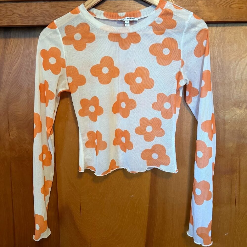 Pretty Garbage White & Orange Floral Mesh Long Sleeve Crop Top